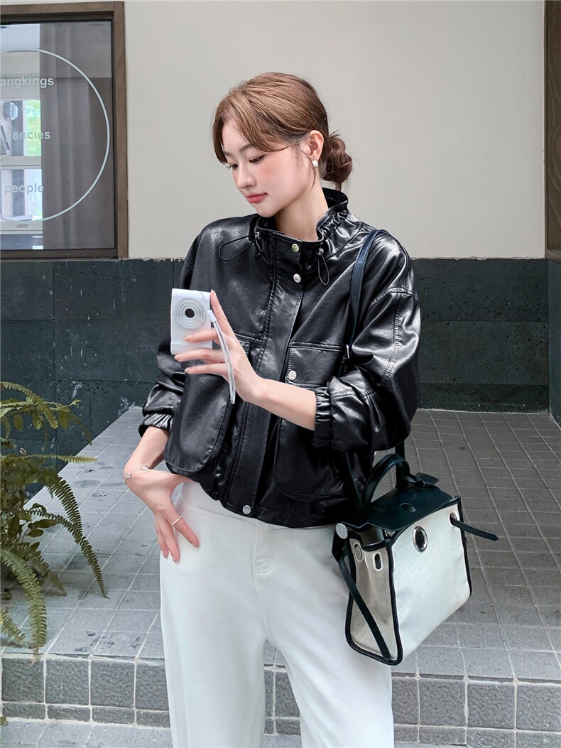 黑色pu皮衣春秋季新款女装正肩小翻领机车显瘦气质短外套韩版时尚,女装短外套,意芙