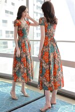 大码女装新款夏季南法花柄印花V领雪纺裙胖妹妹时尚洋气质连衣裙，女装连衣裙，罗得堡