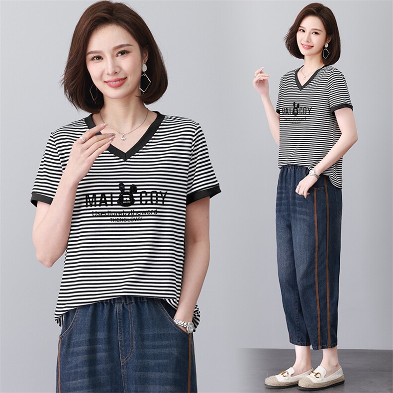 大量现货短袖T恤女夏装2024新款时尚撞色拼接条纹休闲韩版，女装大码女装，奕阳依阁