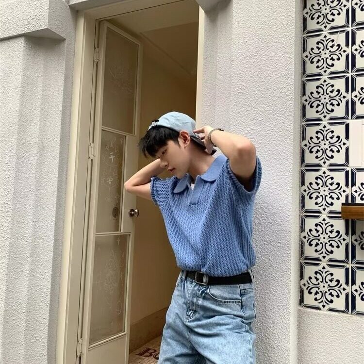 镂空薄款短袖T恤男小众设计感针织外套美式复古polo衫LB6012-P40,男装T恤,星座1008