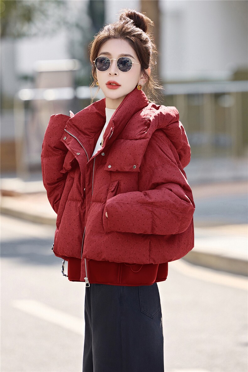 新年时尚红短款羽绒服女2026冬季新款毛领小个子保暖羽绒洋气外套,女装羽绒服,意芙