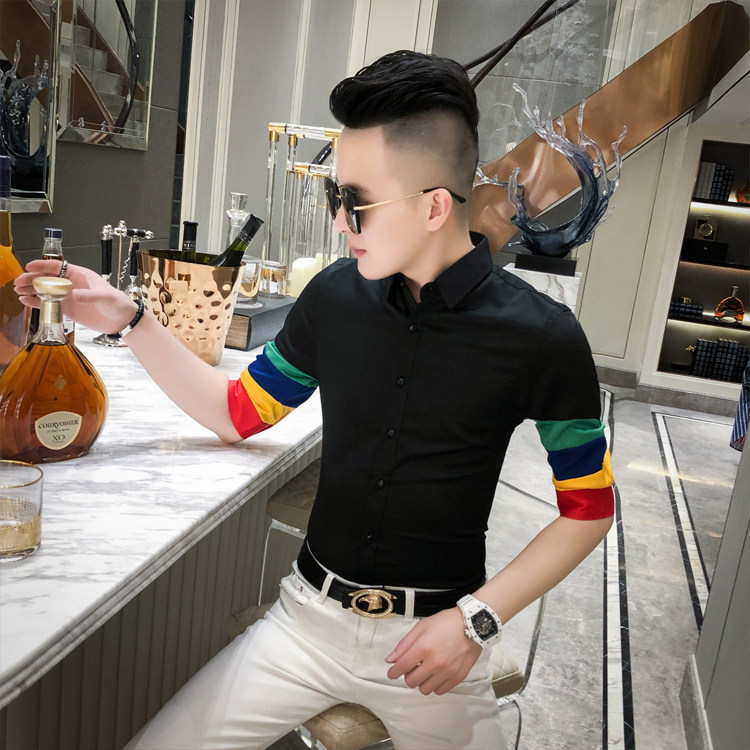 20春夏新款社会男潮流衬衫个性撞色中袖夜店男衬衣A068-D567,男装衬衫,星座419（原A233）