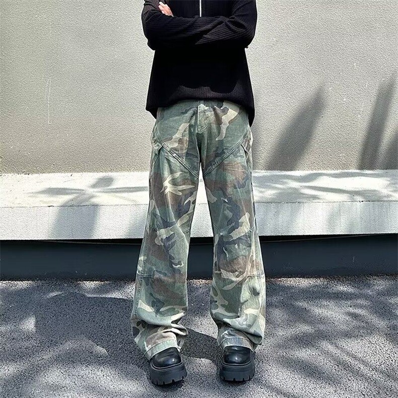 做旧复古迷彩工装裤男秋四季美式潮牌宽松直筒微喇长裤子,男装牛仔裤,星座506A