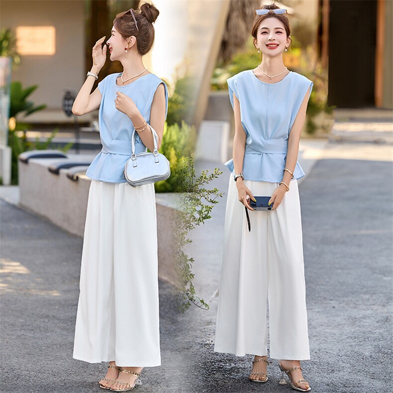 2025夏季新款时尚气质套装女显瘦百搭无袖衬衫女白色阔服裤两件套，女装套装/套裙，魅丽静蓝