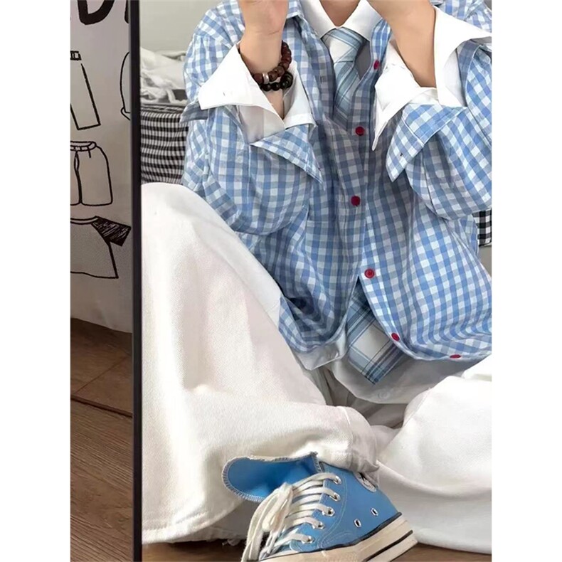 网图有货复古蓝色长袖格子衬衫男女内搭叠穿休闲衬衣A1296-P37,男装衬衫,星座1505