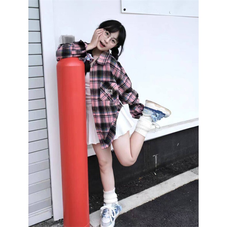 TC613-P45甜美粉色格子衬衫女早秋季高级感显瘦百搭宽松外套,女装衬衫,星座617A-2