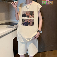 直播品质美式宽松纯棉背心无袖t恤短裤大码两件套套装TZ52-P58，男装T恤，电商A486