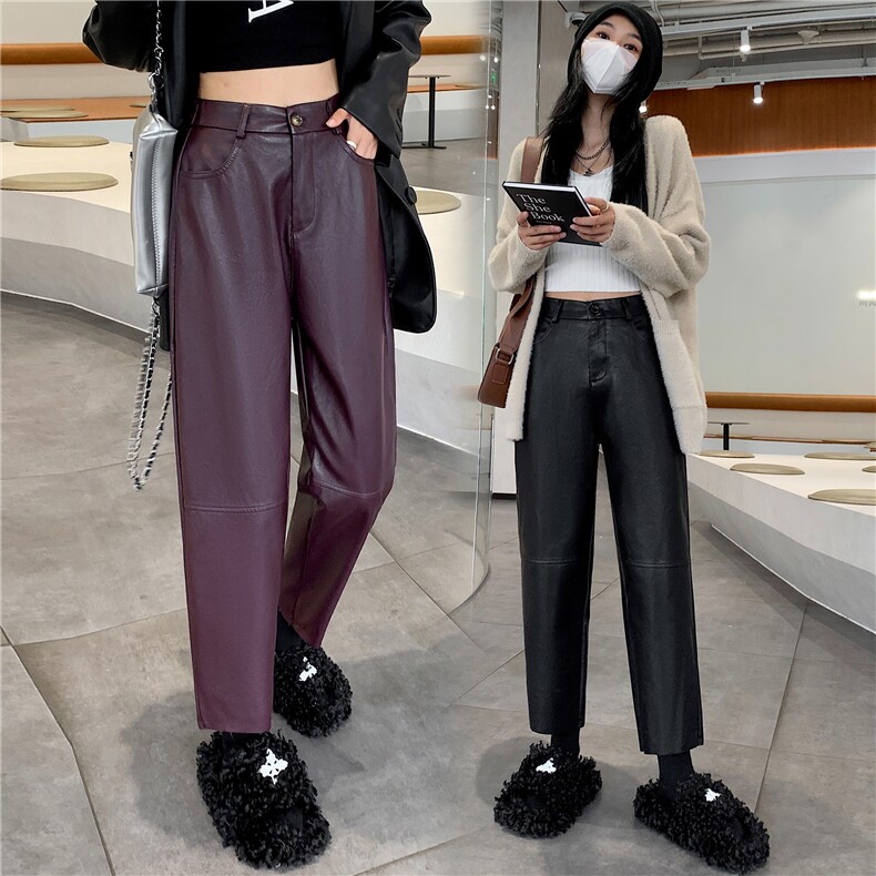 黑色PU皮裤女2024秋冬新款高腰九分气质靴裤休闲裤显瘦百搭直筒裤，女装休闲裤，梦白服饰厂