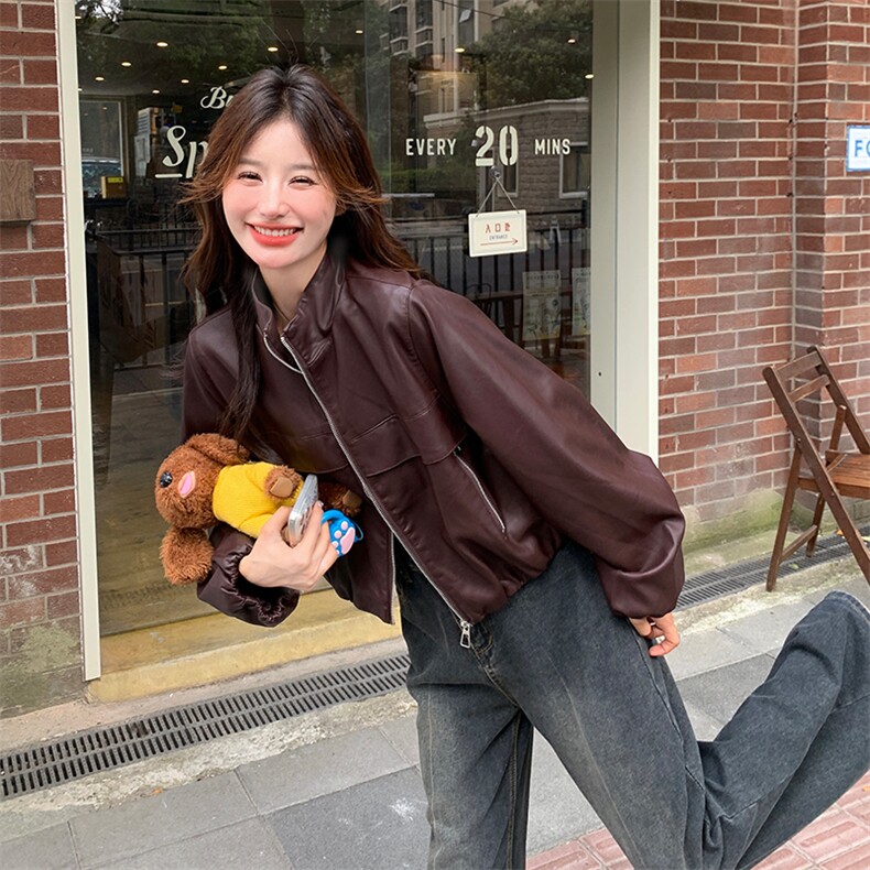红皮衣外套女秋秋2025新款美式复古又a又飒机车服pu皮夹克,女装皮衣,纯色衣恋