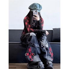 小众复古破洞牛仔裤男女宽松新款设计感做旧水洗显瘦拖地裤-网图，女装牛仔裤，星座302B-2