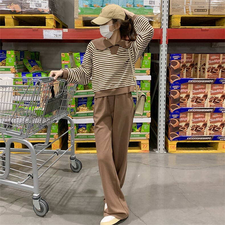 23新品海军领条纹卫衣+休闲阔腿裤两件套,女装运动套装,菡迪欧娜