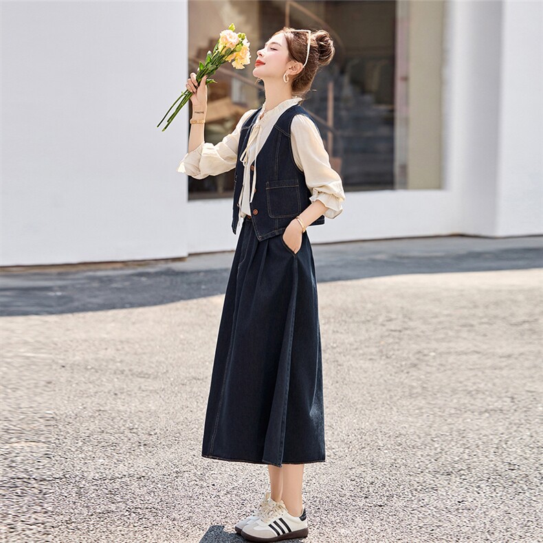 牛仔套装裙女春季2025新款宽松马甲长袖衬衫短袖T半身裙三件套，女装套装/套裙，秀美人生