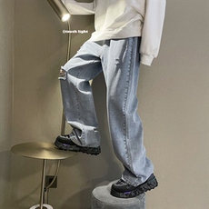 春新款男女高街破洞宽直筒个性潮牌牛仔裤长裤子NZ018批45控68，男装牛仔裤，星座715
