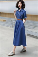 2023新款夏韩版牛仔连衣长裙短袖修身显瘦大摆裙图片