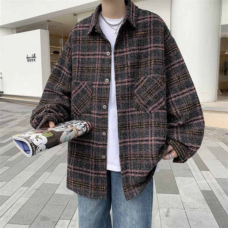 春日系复古毛呢潮牌格子衬衫男长袖情侣百搭休闲外套QJ22P65,男装夹克,星座1116-2