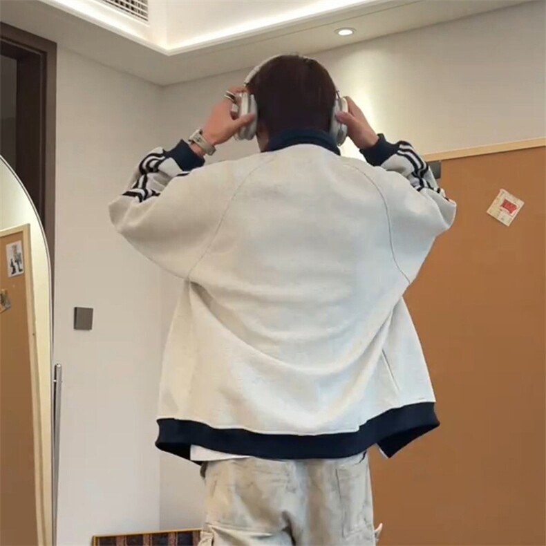 抖音得物品质秋冬美式高街重磅结构拼接织带翻领卫衣夹克外套W113,男装夹克,电商A486