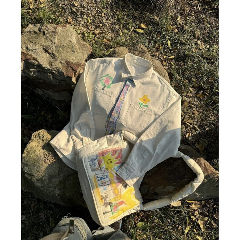 原版品质涂鸦纯棉手绘长袖衬衫领带衬衣休闲百搭外套YH9950P68,男装衬衫,电商D256-1(原A064-1)