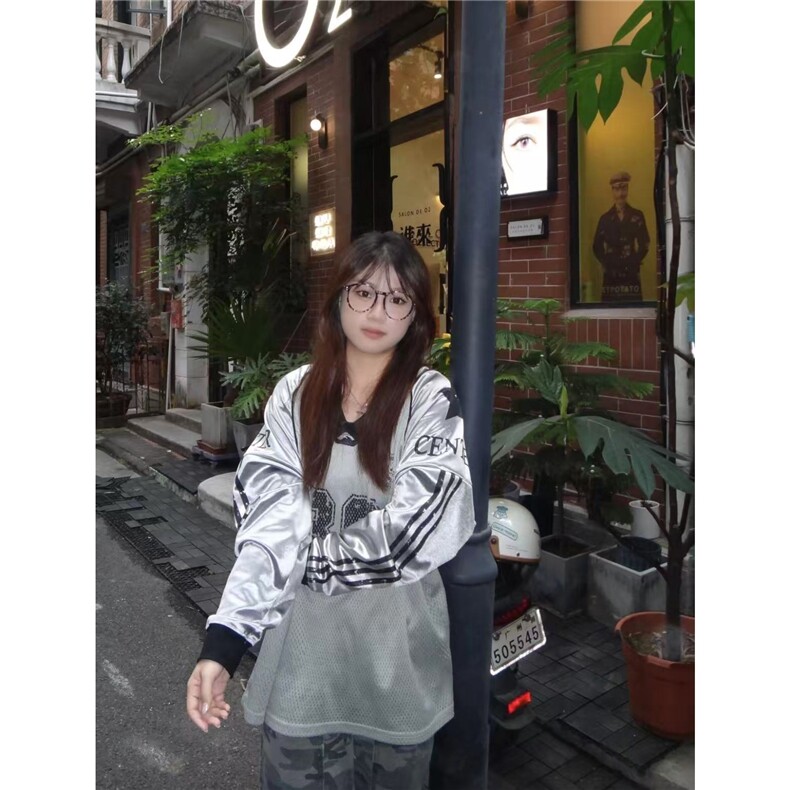 美式复古运动球衣长袖T恤男女宽松拼接字母印花网眼透气街舞衣服,女装T恤,星座506A