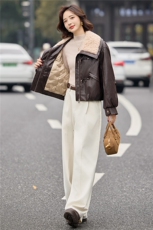 时尚羊羔毛翻领PU皮羽绒服女2025冬季新款加厚保暖白鸭绒皮衣外套，女装短外套，E百度