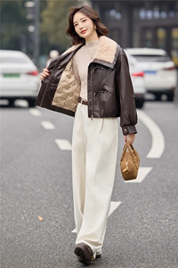 时尚羊羔毛翻领PU皮羽绒服女2025冬季新款加厚保暖白鸭绒皮衣外套图片