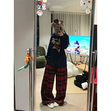 网图有货美式复古撞色格子抽绳松紧腰宽松阔腿裤男女A1324-P48，男装休闲裤，星座1505