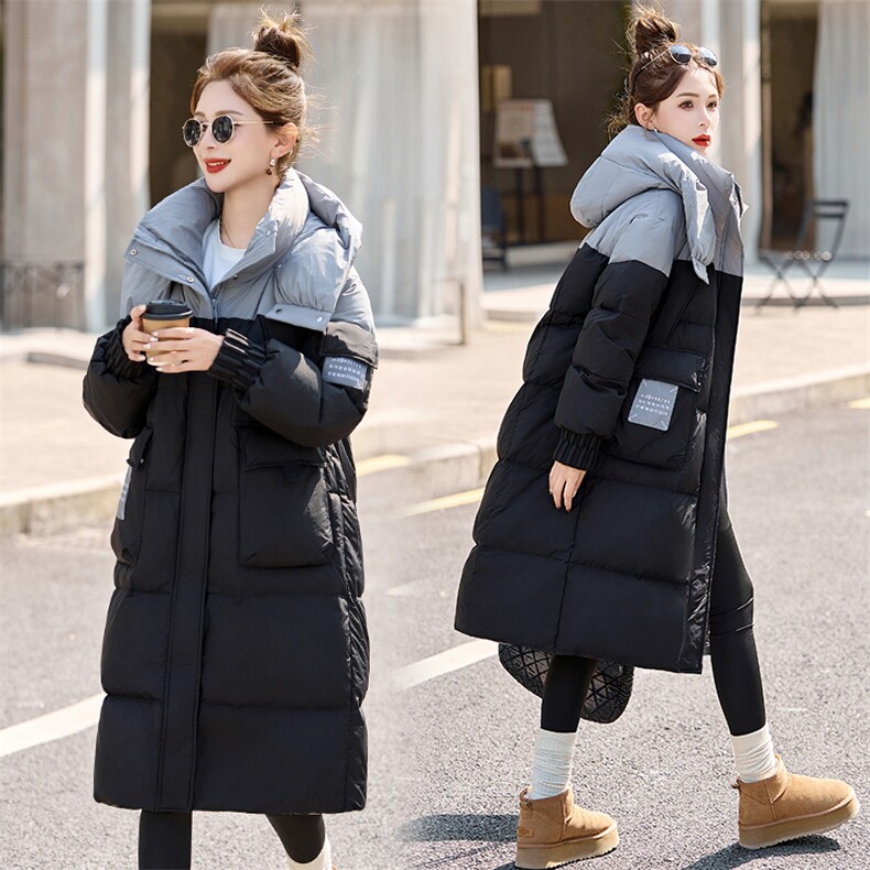 现货！2024新款冬装拼接假拼色连帽加厚中长款连帽白鸭绒羽绒服,女装羽绒服,众宇琦