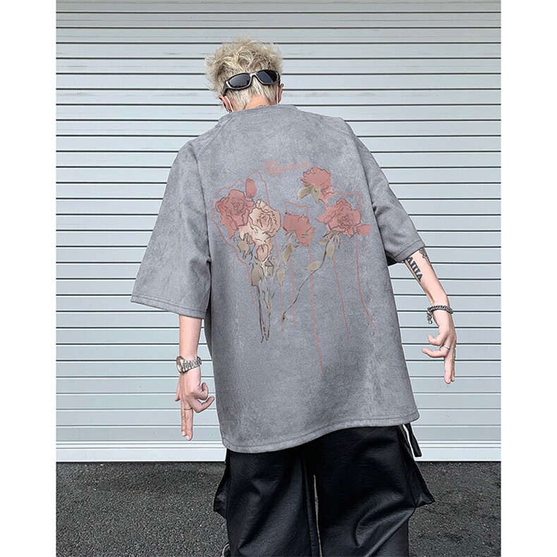 2025新款美式潮流麂皮绒短袖t恤大码宽松港风半袖上衣男H9927-P28,男装T恤,电商B295