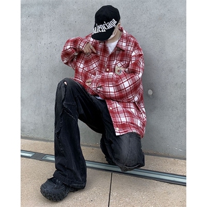 拼色设计感格子毛呢刺绣长袖衬衫男女宽松潮流春秋外套CS0011-P50图片