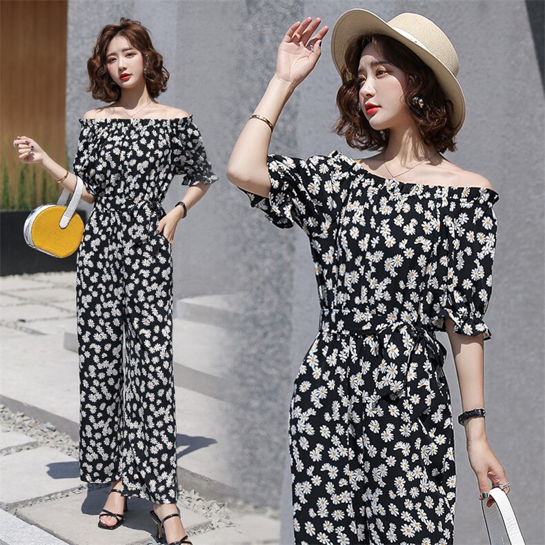 2021年夏季涤纶通勤腰带短裤一字肩印花连体裤，女装连体裤，魅影