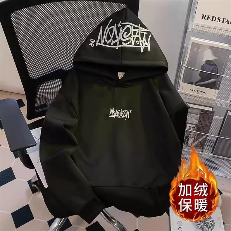 重工字母刺绣~连帽卫衣男重磅加绒高街美式秋冬宽松百搭潮流图片