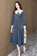 2021春季新款时尚优雅气质格纹拼接灯芯绒连衣裙，女装连衣裙，深水步