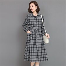 【全年有货，不下架】秋冬加厚连衣裙女长袖条纹棉麻裙中长款，女装连衣裙，3200格调