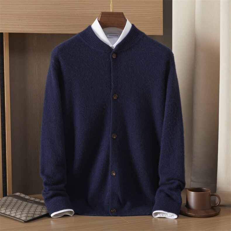 35%羊绒立领纯色单排扣显瘦纯色简约针织开衫2024年秋季，男装羊绒套衫，绒誉暖羊绒