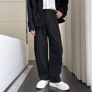 潮牌纯色毛呢西裤休闲裤男2025新款阔腿直筒裤冬季加厚长裤图片