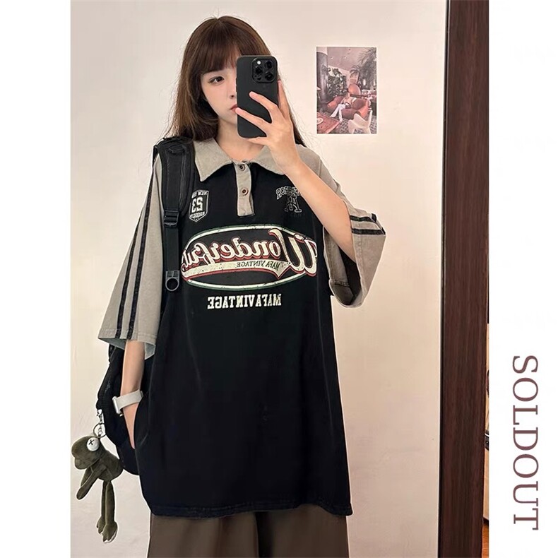 美式撞色拼接polo衫男女夏季宽松半拉链短袖t恤百搭休闲翻领体恤,男装T恤,星座506A