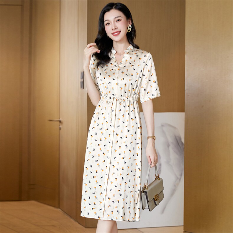 杭州真丝桑蚕丝连衣裙女2025年夏季新款气质高端精致收腰品牌碎花，女装连衣裙，阿舍尔精品