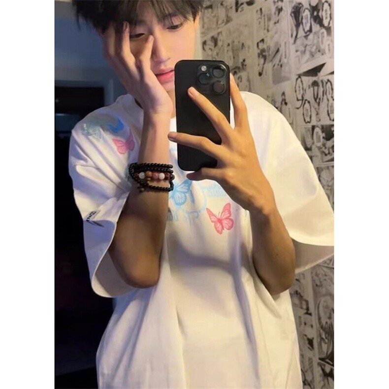 美式复古手绘字母蝴蝶印花短袖T恤男女夏季宽松情侣上衣TC27,男装T恤,星座1116A（原606A-3）
