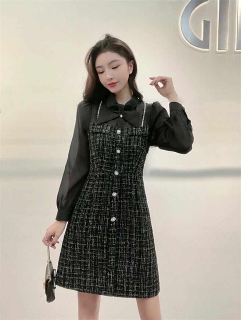 现货冬季连衣裙珍珠假两件，女装连衣裙，嘉利得