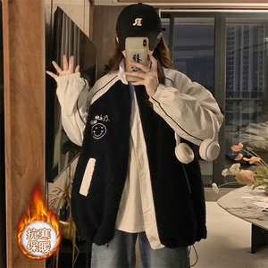 2025女秋冬季韩版立领拼色加厚羊羔毛卫衣拉链炸街棒球服C488-P90图片