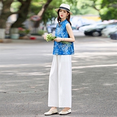 新中式风套装女2025夏季新款气质提花盘扣无袖背心阔腿裤两件套，女装套装/套裙，木橙西子