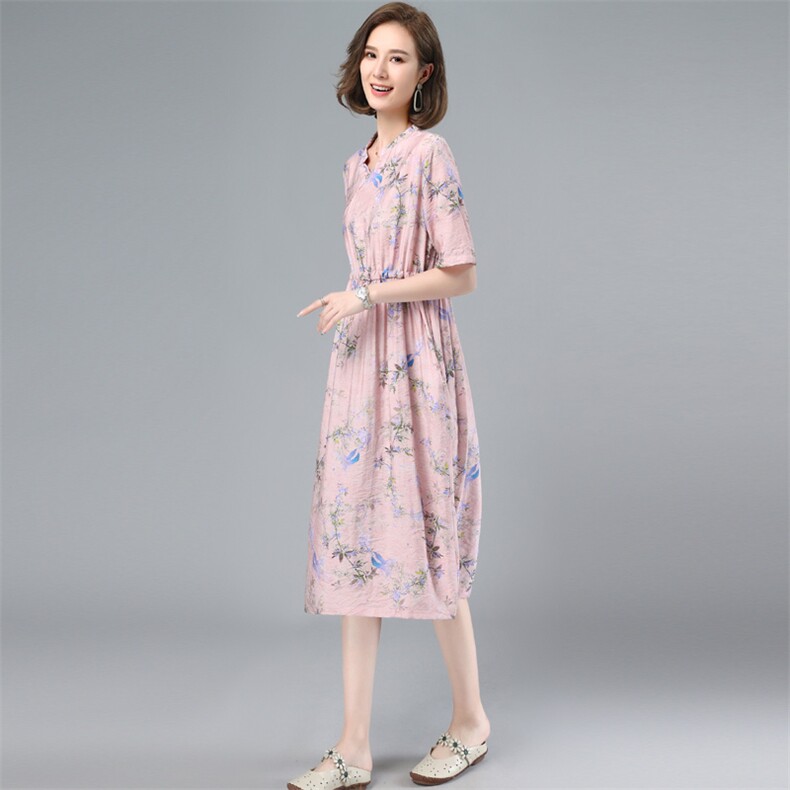2023年夏季新款潮韩版休闲百搭套头V领碎花短袖连衣裙女中长款,女装连衣裙,简韵佳