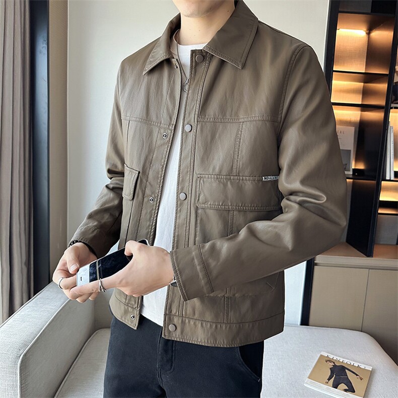 2025店主风秋季水洗皮夹克PU上衣纯色休闲时尚皮衣PY86041-P140，男装皮衣，电商A413