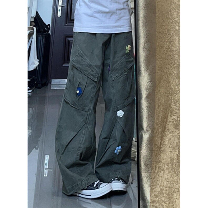 多口袋直筒工装牛仔裤女早春宽松小花刺绣伞兵裤阔腿长裤KN1061,男装休闲裤,星座1116A（原606A-3）