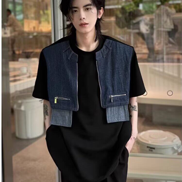 W9981-P45 网图现货 解构小众设计感短袖高级感牛仔拼接假两件T恤图片