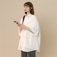 C6042/P35夏款2022中性风冰丝克莱因蓝衬衣男女开衩短袖衬衫控58，女装衬衫，电商A141