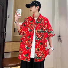 D1男女中性风东北大花短袖衬衫衬衣外套民族风汉服团队服，男装衬衫，星座115A(原星座507）