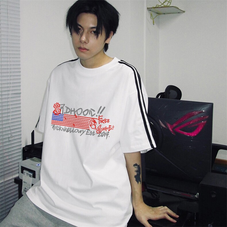 抖音得物高品质二开240克宽松纯棉美式潮牌三条杠织带短袖T恤，男装T恤，电商A486