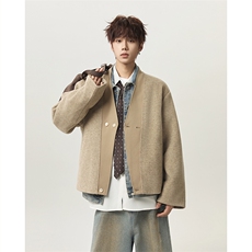 羊毛双扣开衫混纺毛边短款V领毛呢大衣西装外套-1009-P105，男装西服套装，电商B289-1