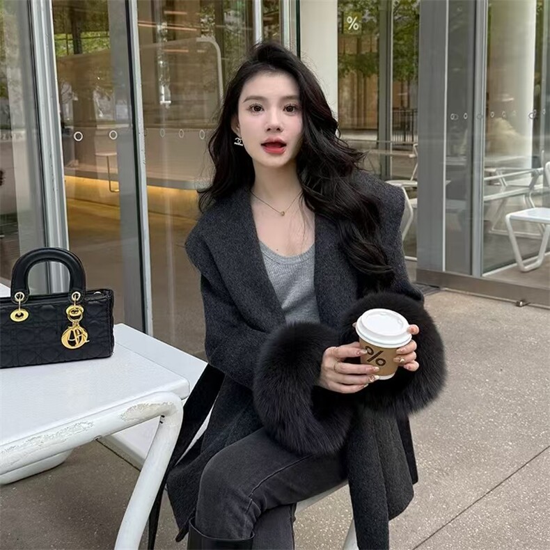 收腰毛呢外套女秋冬季长袖宽松高级感斗篷大衣,女装毛呢外套,宸诺服饰