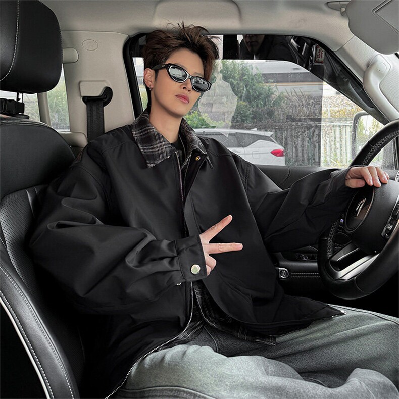 潮美式复古翻领假两件夹克男女高街短款春秋休闲外套，男装夹克，星座410-7